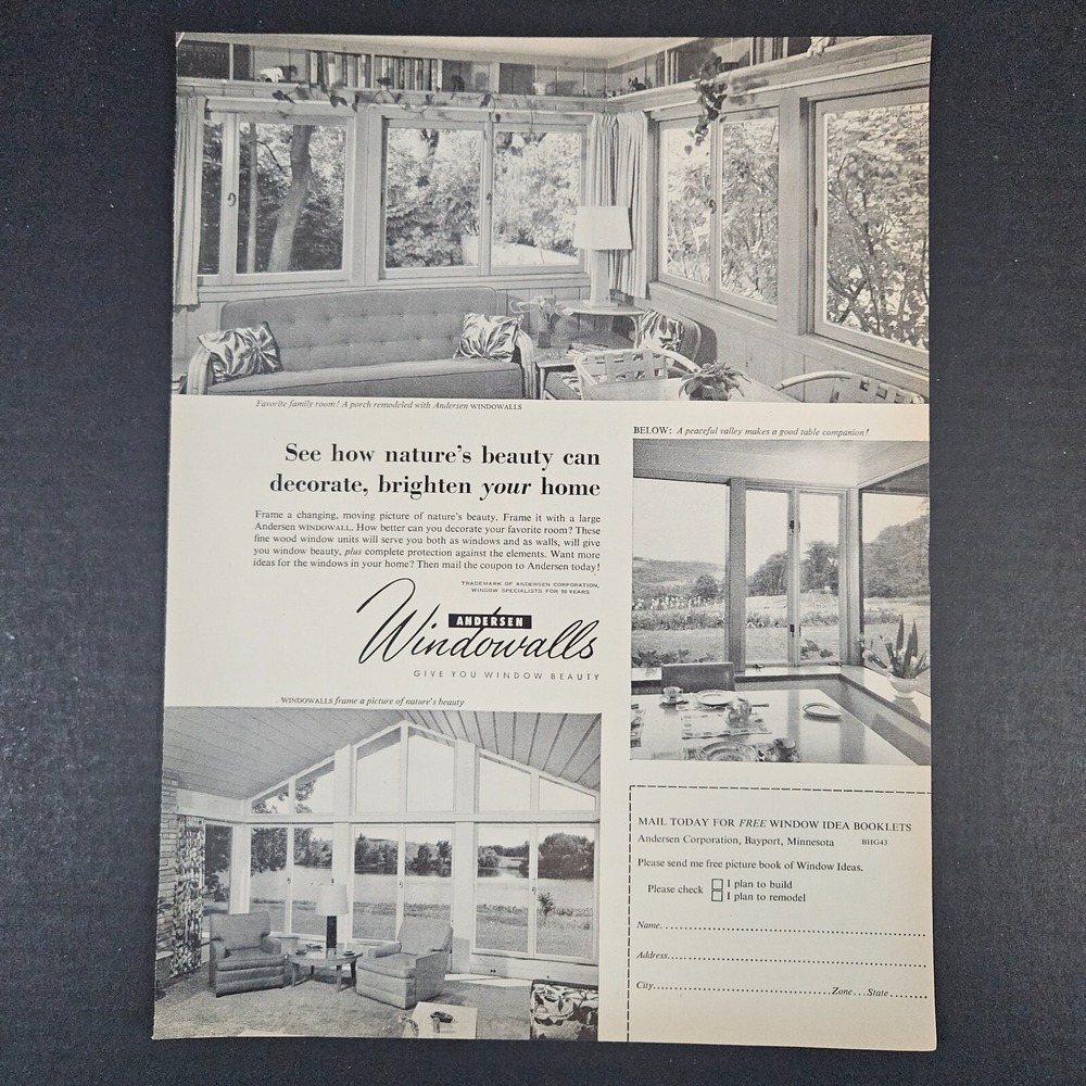 1953 Andersen Corporation Windowalls Vintage Print Ad Bayport MN Sunroom Patio‎